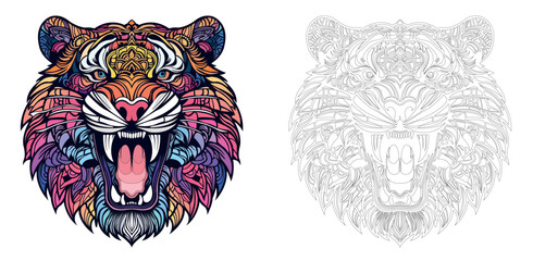 Tiger in mandala style for coloring book, vector illustrations for adults. Anti-stress coloring for adults. Tiger in two versions, colored and black and white