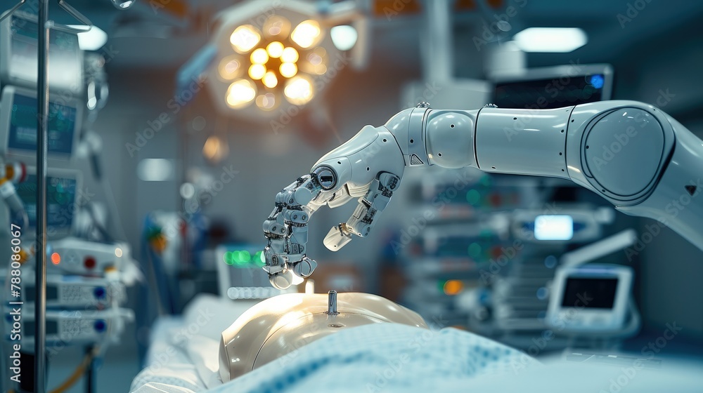 Aufkleber a robotic arm operating on a patient in the modern hospital, focus of the robot hand and surgical to