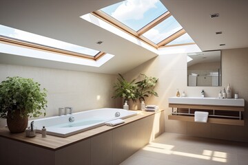 Fototapeta na wymiar Skylight Serenity: Luxury Hotel Bathroom Designs for a Light and Airy Atmosphere