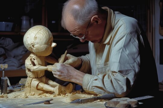 Older man making a wooden pinocchio in his workshop