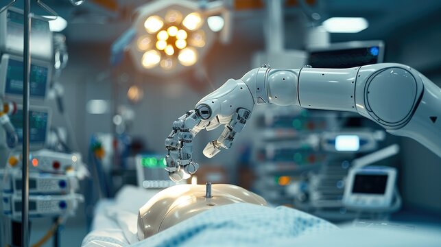 A robotic arm operating on a patient in the modern hospital, focus of the robot hand and surgical tools with lights and medical equipment for catheter ablation in the background. Generative AI.