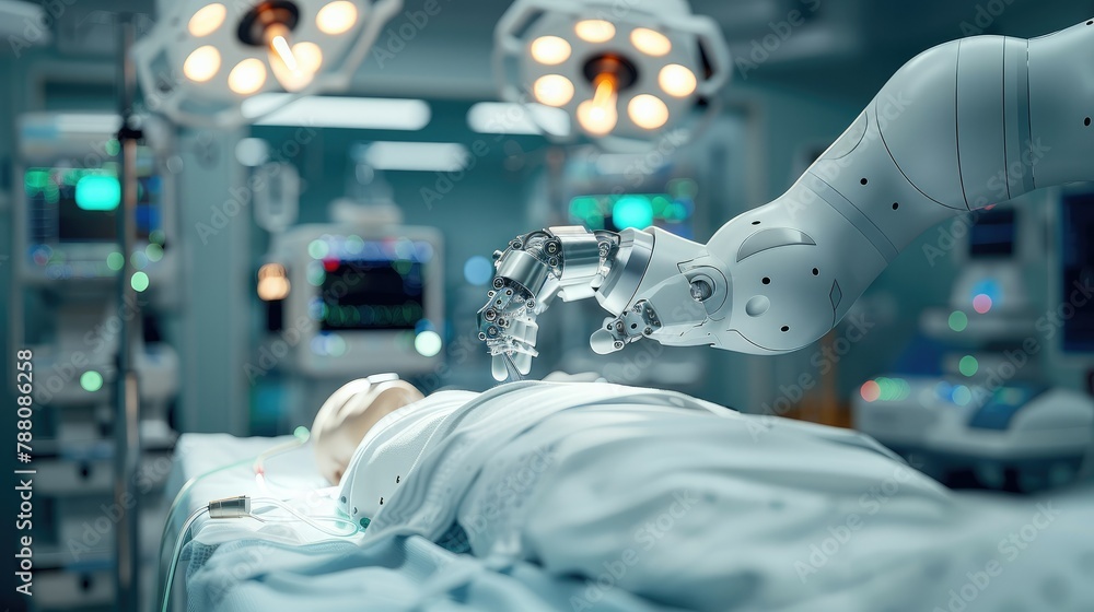 Poster A robotic arm operating on a patient in the modern hospital, focus of the robot hand and surgical tools with lights and medical equipment for catheter ablation in the background. Generative AI.