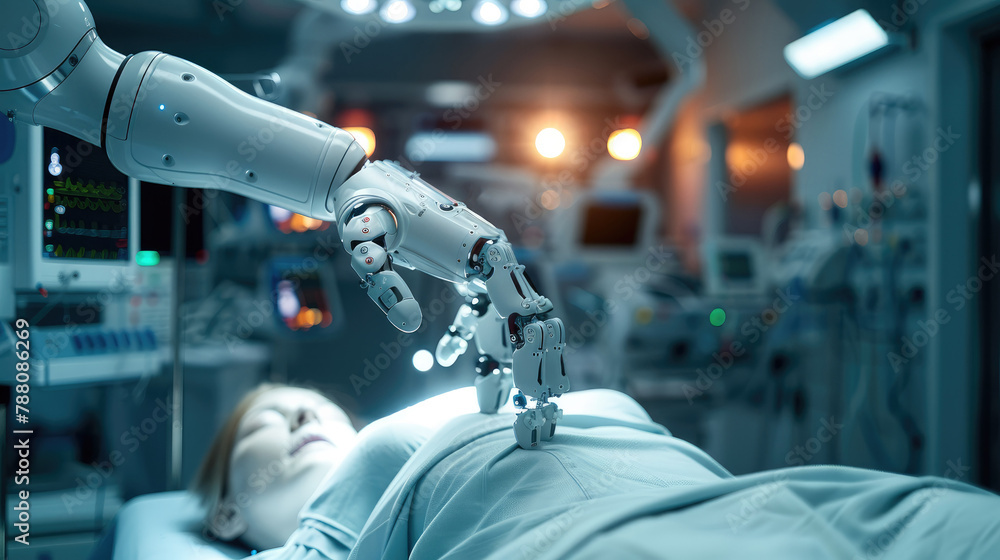Aufkleber a robotic arm operating on a patient in the modern hospital, focus of the robot hand and surgical to