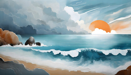 Abstract sea landscape wall art vector background. Sky, clouds and storm. Sea decoration....