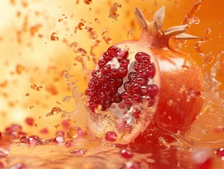  Fresh Pomegranate Being Splashed with Water on Bright Orange Background © SHOTPRIME STUDIO
