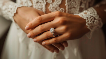 Bride with a wedding ring on her finger. Close up. 