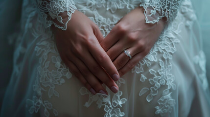 Bride in white gown wearing a diamond wedding ring on her finger. Close up. 