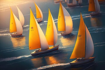 Art of Sailboats Floating on the Sea during Golden Hour - obrazy, fototapety, plakaty