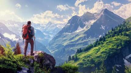 a man is hiking and stands on a mountain cliff and looks into the distance at the majestic nature. stunning views of comma mountains travel and explore the world on vacation