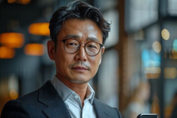 Fototapeta premium An image of a confident and successful middle-aged businessman looking slightly to the side, wearing glasses and a suit