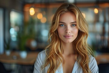 Obraz premium Stunning portrait of a naturally beautiful blonde woman with captivating blue eyes and long hair
