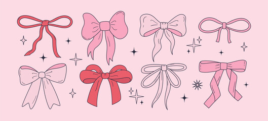 Vector set of cute coquette bows. Pastel pink and red ribbons line art drawings. Hand drawn silk tape accessory. Girly decor cliparts
