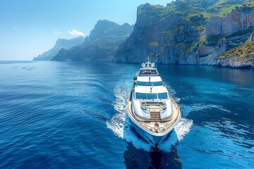 A stunning luxury yacht sails by the towering cliffs on a clear day, showcasing the beauty of...