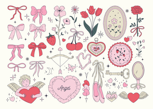 Set of cute coquette bows, ribbons, patches, flowers, cherry, hearts, angels. Elegant vintage cliparts in pastel pink color. Hand drawn line art girly decor. Vector illustrations