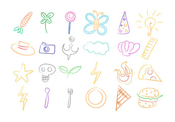 Crayon fun cute kid colorful doodle set badge, scribble line flower, heart. rainbow background. Hand drawn doodle sketch childish element set. Flower, heart, cloud children draw style design elements