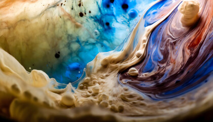 Beautiful abstraction of liquid paints in slow blending flow mixing together gently. Generative AI.