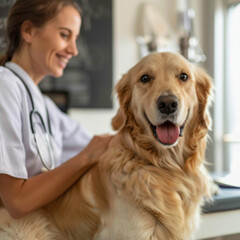 Vet, woman and portrait of dog on table for hospital consultation, medical attention and pet care. Animal doctor, checkup and happy golden retriever at veterinary clinic for help, health and wellness