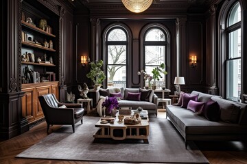 Fototapeta na wymiar Luxurious Brownstone Living Room: Velvet Elegance & Ornate Details