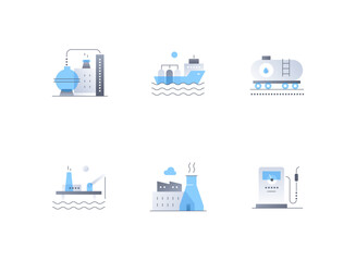 Oil production and transportation - flat design style icons set. High quality colorful images of urban factory, water transport, tanker, shipyard, tank on wheels, refueling station, industrialization