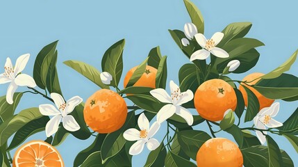 Elegant orange tree illustration in the style of Edinburgh, with delicate white flowers and a light blue background