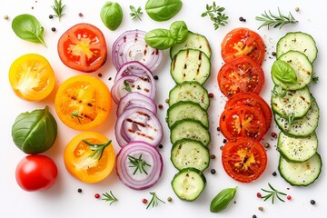 Delicious vegetarian dish with grilled vegetables and fresh slices on a white background. - obrazy, fototapety, plakaty