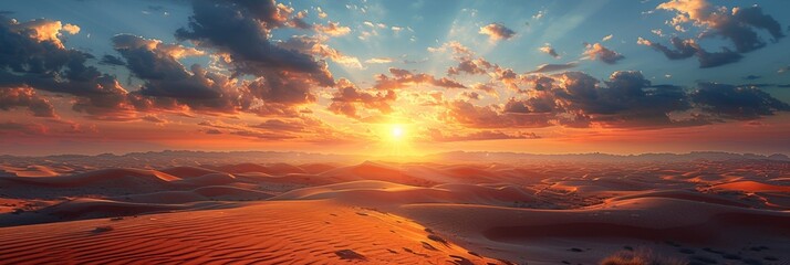 The breathtaking colors of a desert sunset with hues of orange and blue coloring the sky over the vast Sahara landscape create a stunning and tranquil scene. - obrazy, fototapety, plakaty