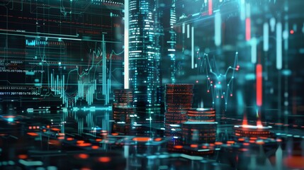 Obraz premium Futuristic cityscape with digital financial data overlays