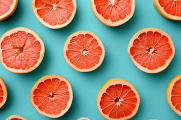 Fresh grapefruits on a vibrant blue background, top view flat lay concept with vibrant colors and healthy citrus fruits, minimalistic summer food image