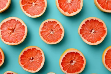  Fresh grapefruits on a vibrant blue background, top view flat lay concept with vibrant colors and healthy citrus fruits, minimalistic summer food image © SHOTPRIME STUDIO