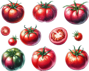 set of watercolor ripe tomatoes and cut into pieces