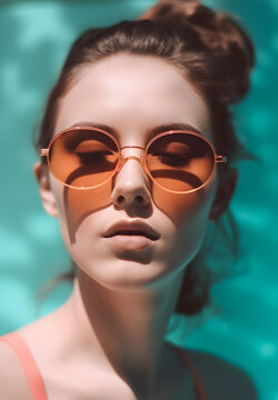 Portrait of a young woman with sunglasses at the pool.