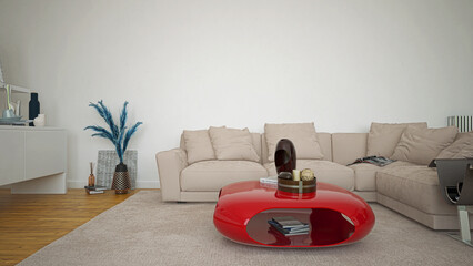 Room with sofa, modern, minimal environment, 3d rendering, 3d illustration