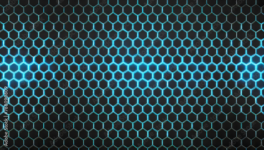 Poster black background with blue neon hexagon grid. glowing hex background. generative ai.