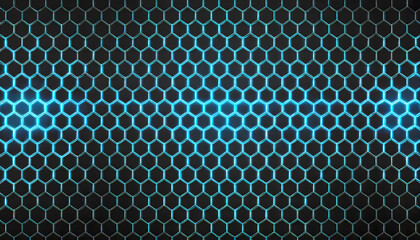 Black background with blue neon hexagon grid. Glowing hex background. Generative AI.