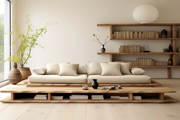 Minimalist Japanese Living Room: Floor Seating, Wooden Furniture, Calm Colors Harmony
