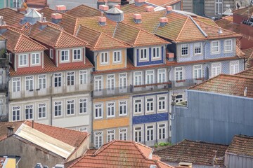 Buildings of the beautiful city of Porto, Portugal travel and monuments. View of the rooftops of part of the old town of Porto, Portugal from the tower of the Church of the Clerigos - 788091054