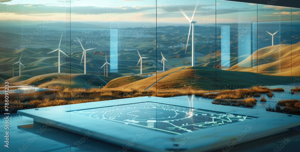 Poster table with holographic wind farm site on hillside, ultra-transparent wind farm, glowing 3d objects, 