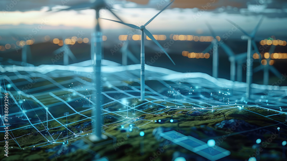 Poster table with holographic wind farm site on hillside, ultra-transparent wind farm, glowing 3d objects, 