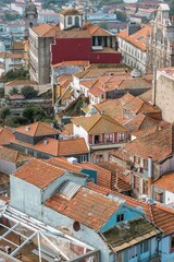 Buildings of the beautiful city of Porto, Portugal travel and monuments. View of the rooftops of part of the old town of Porto, Portugal from the tower of the Church of the Clerigos.