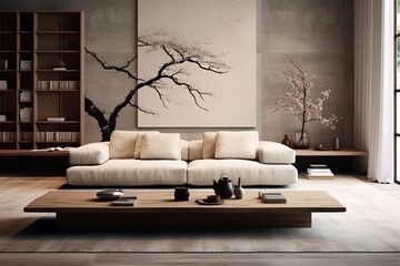 Japanese Zen: Minimalist Living Room with Low Seating and Serene Atmosphere