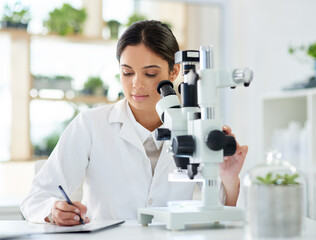 Science, microscope or writing notes in lab with research for sample analysis, medical experiment...