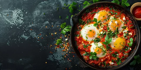  Delicious fried eggs in tomato sauce served in a pan on a black table, top view, copy space © SHOTPRIME STUDIO