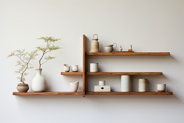 Minimalist Japanese Living Room: Clean Design with Shelf Details and Japanese Pottery Showcase