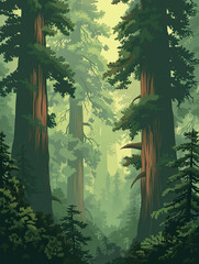 Misty Redwood Forest with Sunlight Filtering Through Trees