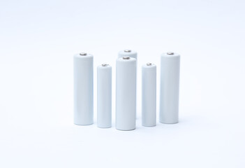 White blank aa and aaa batteries on a white background. Mockup for design