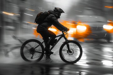 A cyclist rides through the city streets at night amidst a rainstorm, illuminated by vibrant city lights and reflections - obrazy, fototapety, plakaty