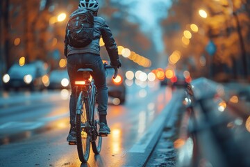 An urban cyclist rides along a wet city street with blurred car lights and twilight ambiance,...