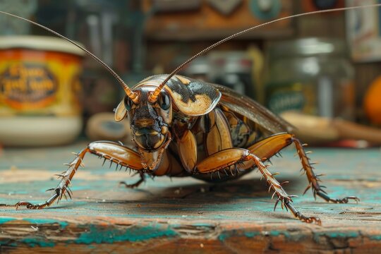 This macro photo captures the intricate details and colors of a house cricket perched on weathered wood The focus is on the insect's unique features