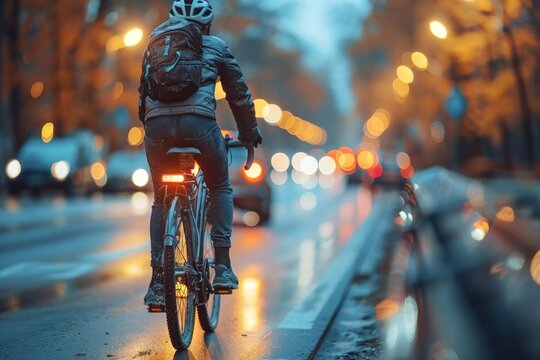An urban cyclist rides along a wet city street with blurred car lights and twilight ambiance, depicting everyday commuting