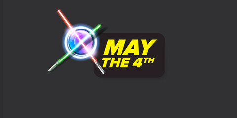 May the 4th vector illustration with glowing light saber. May the 4 banner design template with laser sword